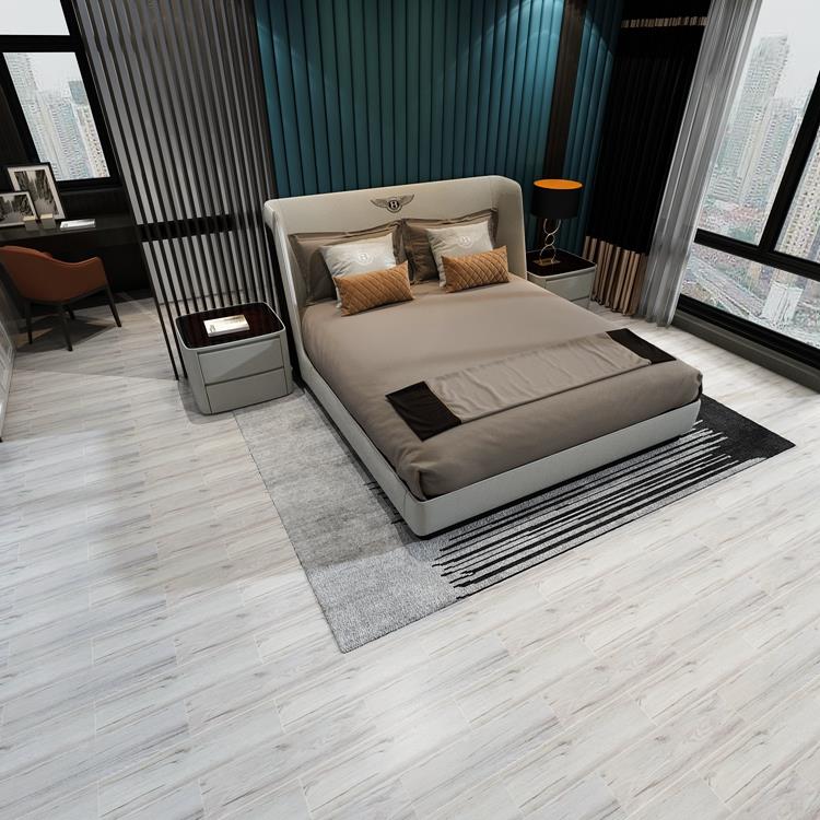 Gạch Giả Gỗ màu xám trắng phù hợp với phòng ngủ mang phong cách đơn giản, hiện đại