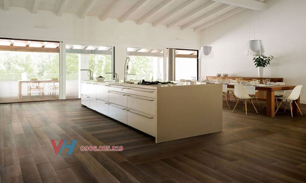Phối màu tường và gạch nền cùng tông cho nhà bếp