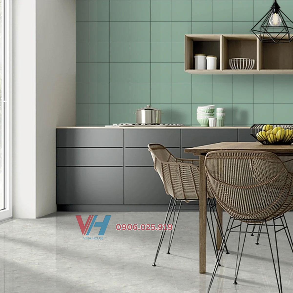 gạch ô vuông trang trí ốp tường nhà bếp