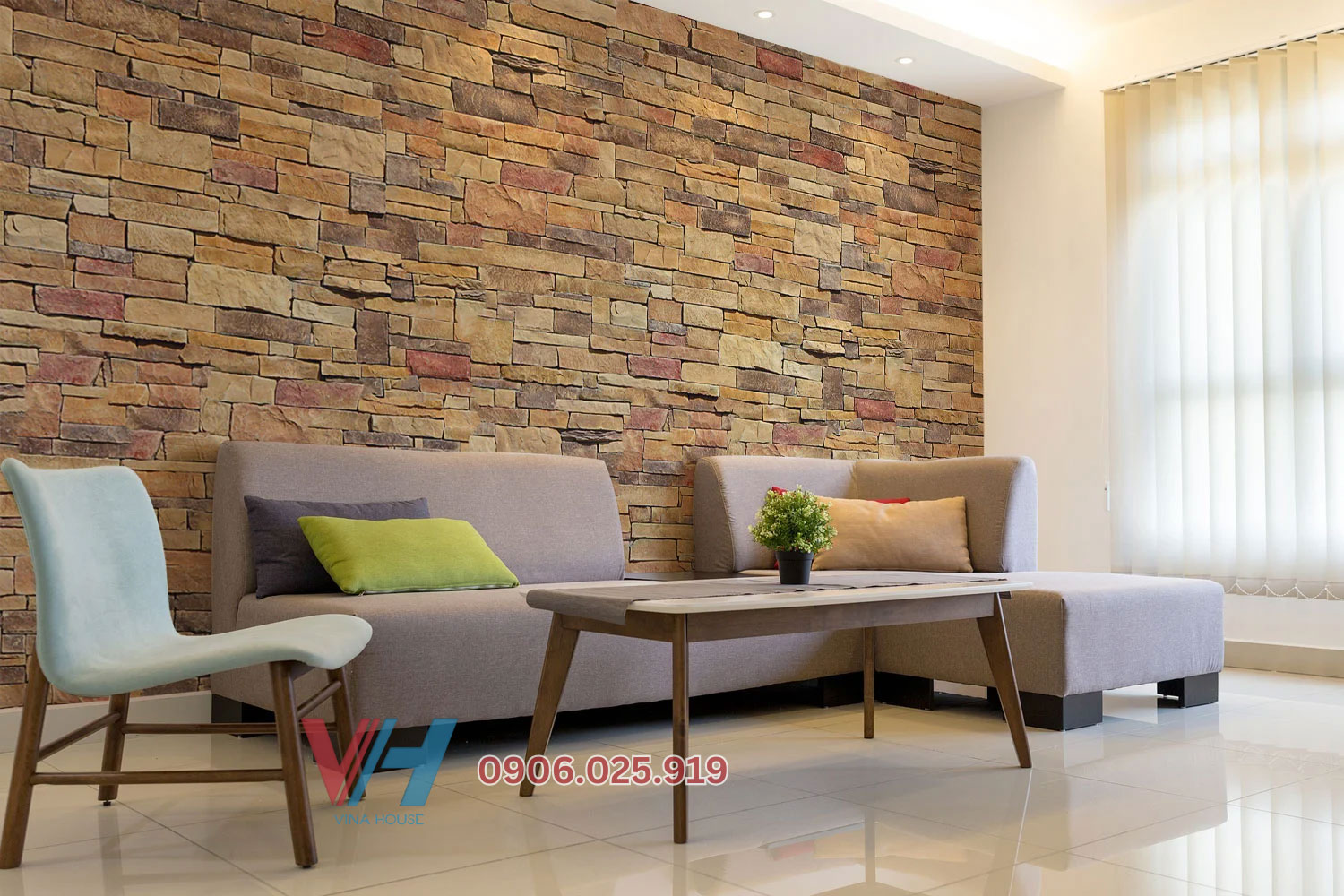 gạch trang giả cổ trí ốp tường phòng khách