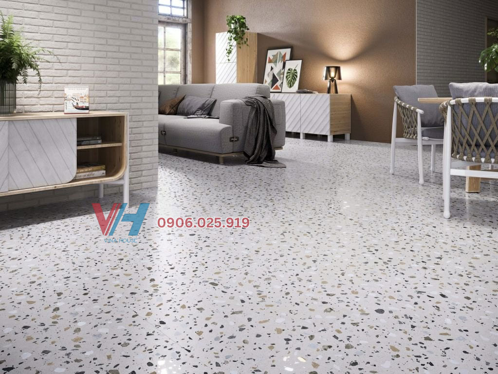 Gạch men Terrazzo 80x80 giả đá mài lát nền phòng khách