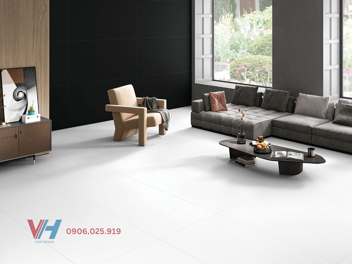 Gạch Ấn Độ khổ lớn màu trắng men mờ lát nền phòng khách