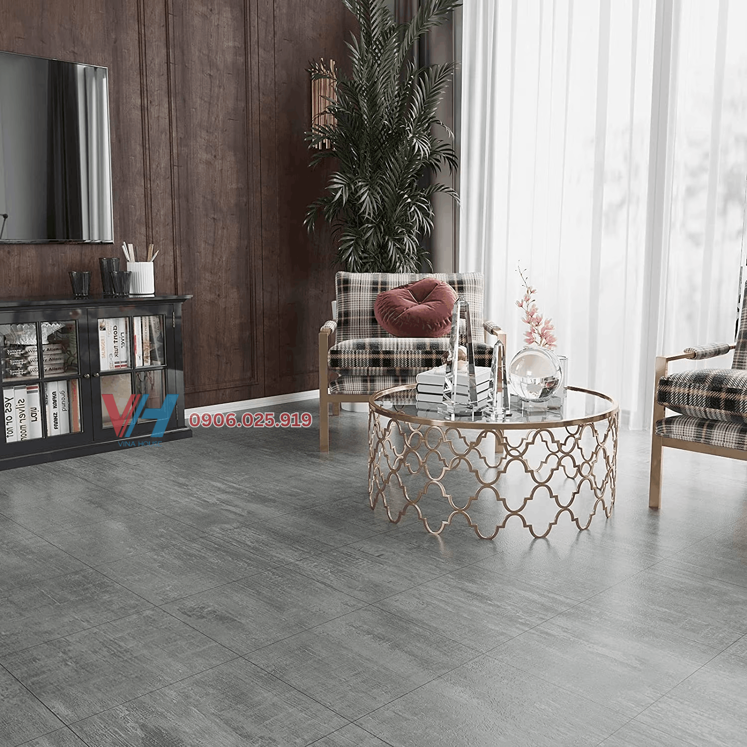 gạch giả gỗ màu xám trung tính ốp phòng khách