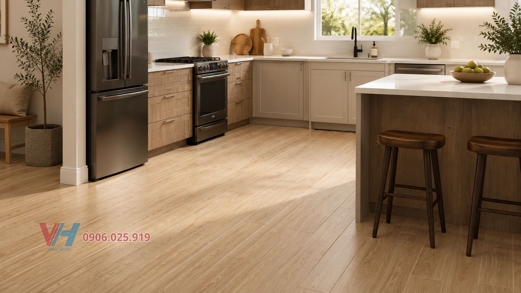 Dùng gạch men giả gỗ thanh dài 20x100 cho phòng bếp hiện đại