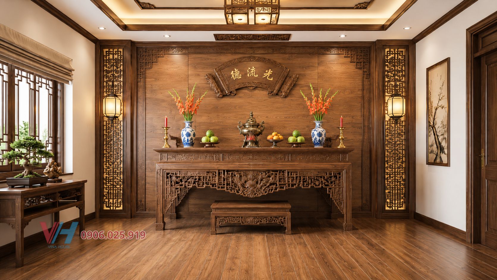 Mua gạch giả gỗ màu đỏ óc chó ốp lát phòng thờ liên hệ Vinahouse - 090.602.59.19