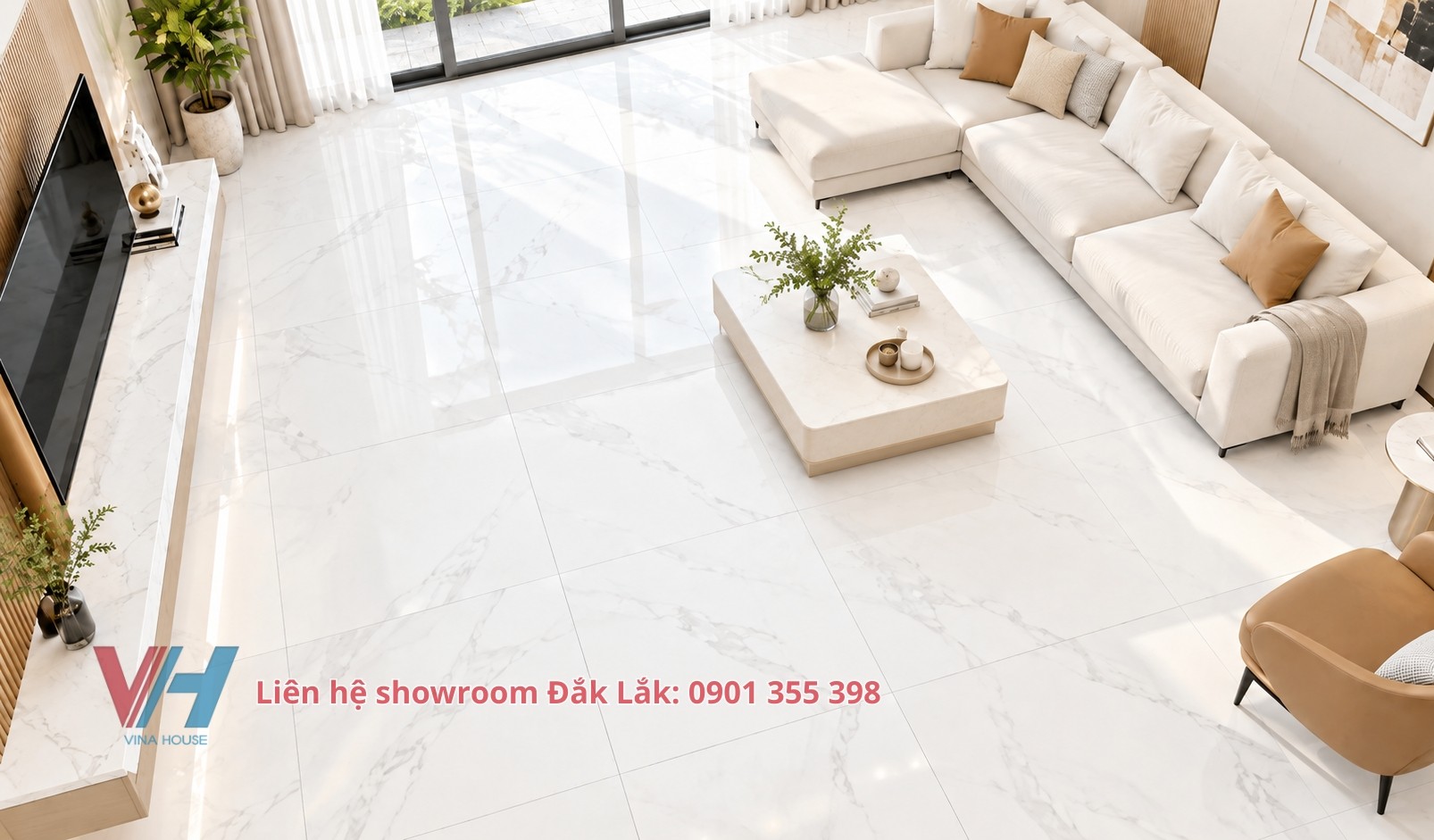 Gạch lát nền trắng vân mây cho phòng khách tại Gia Lai