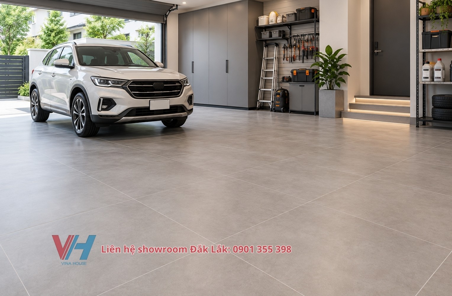 Gạch xám xi măng men mờ lát gara xe tại Buôn Ma Thuột