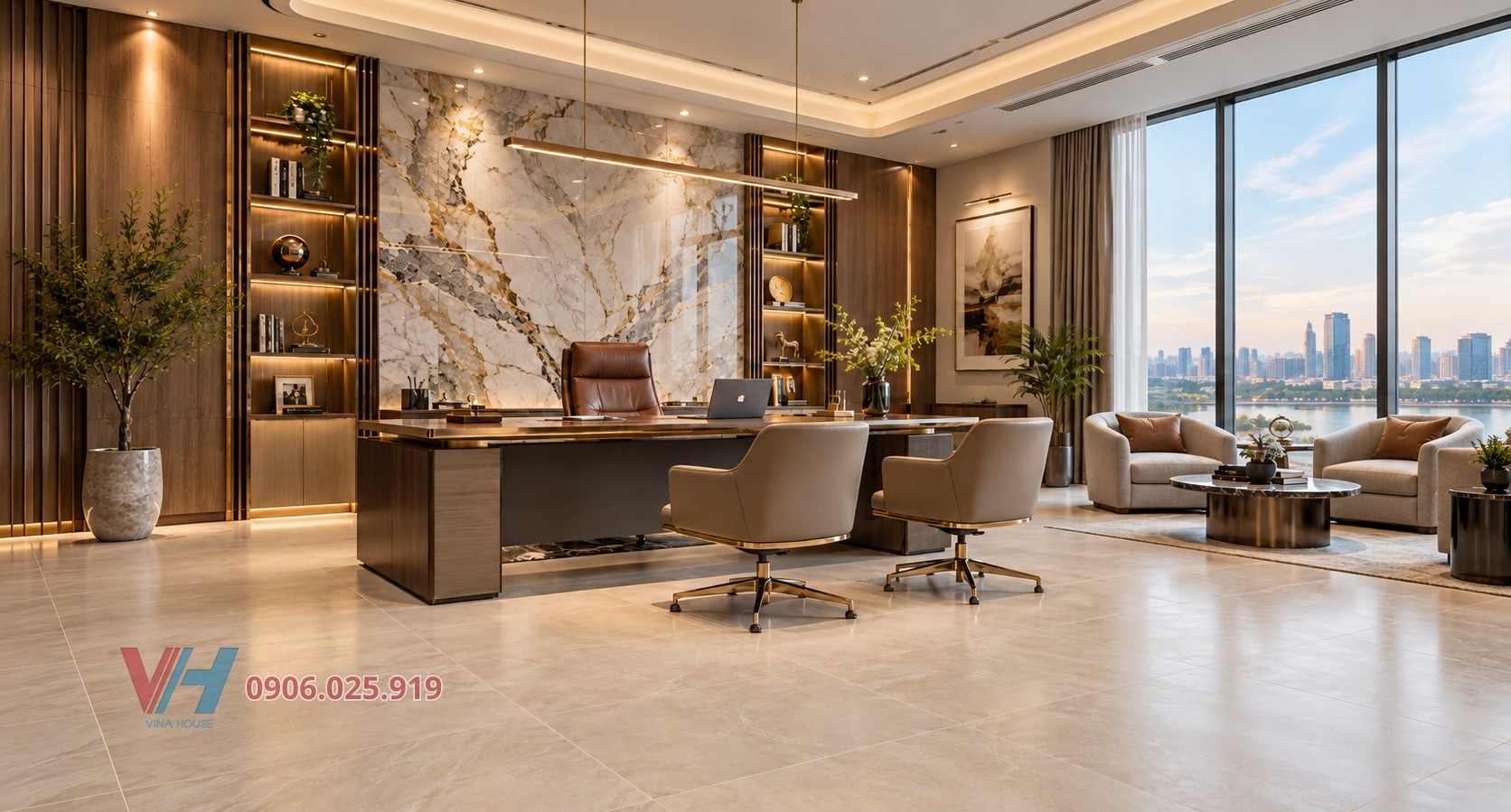 gạch men mờ lát nền phòng làm việc phối gạch ốp tường vân Marble