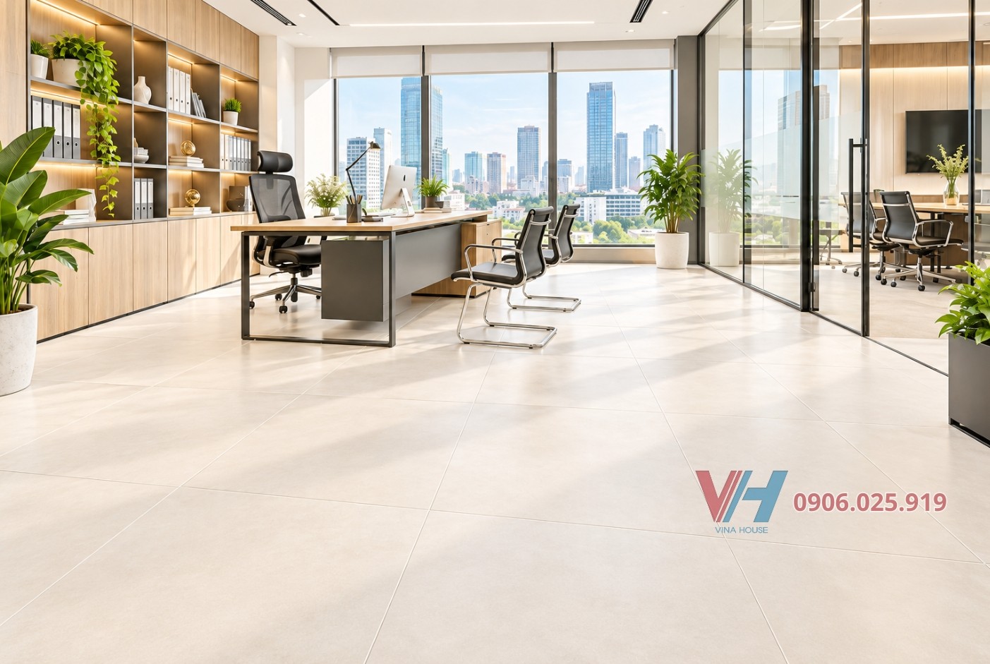 Gạch lát nền phòng làm việc màu trung tính kết hợp nội thất hiện đại